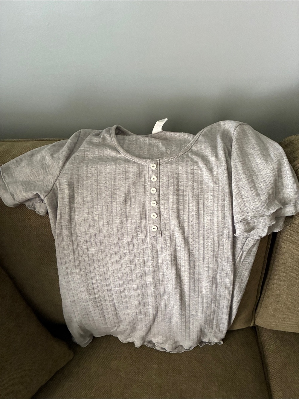 7th Ray Light Gray Ribbed Short-Sleeve Henley Top